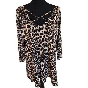 Lovely J Womens Leopard Print Criss-Cross Tunic Blouse Black Brown Plus Size 1X